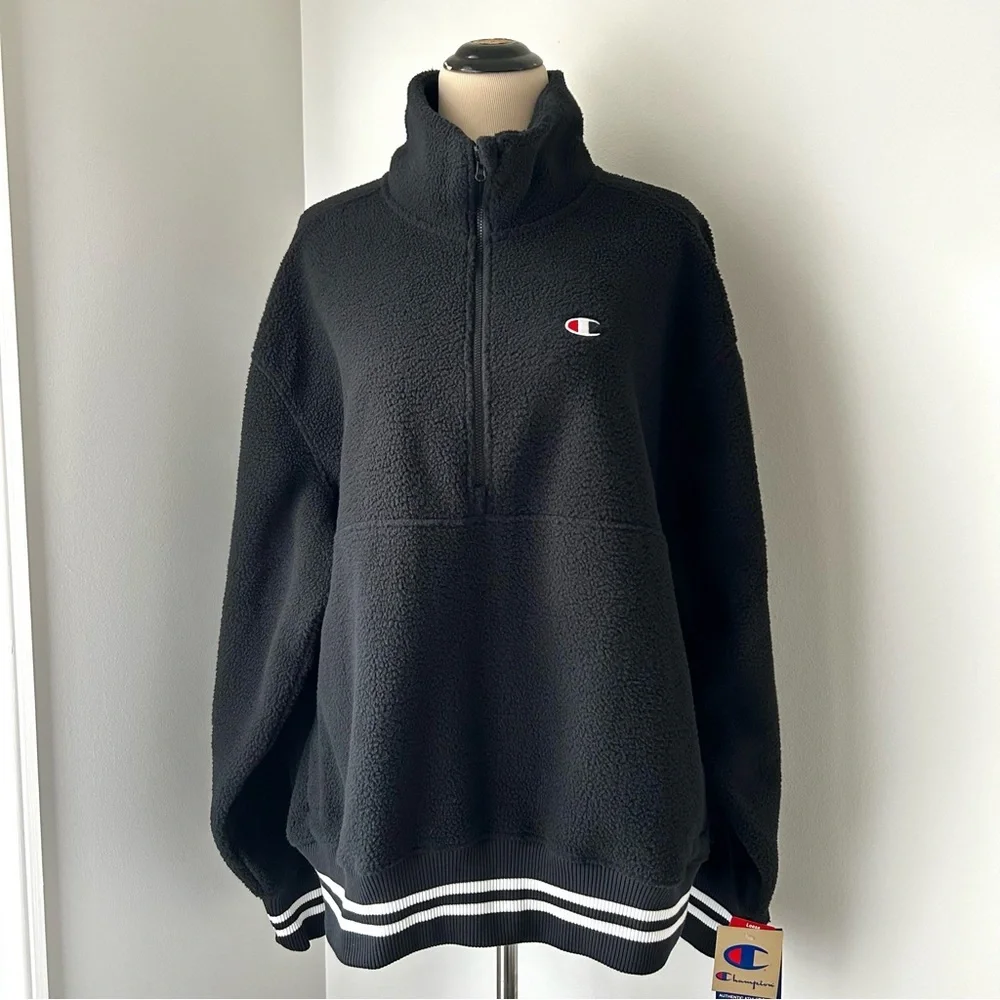 🌸BRAND NEW Champion Pullover. Fuzzy & Cozy. Black/White w/ Pockets Size: XL - Picture 4 of 14